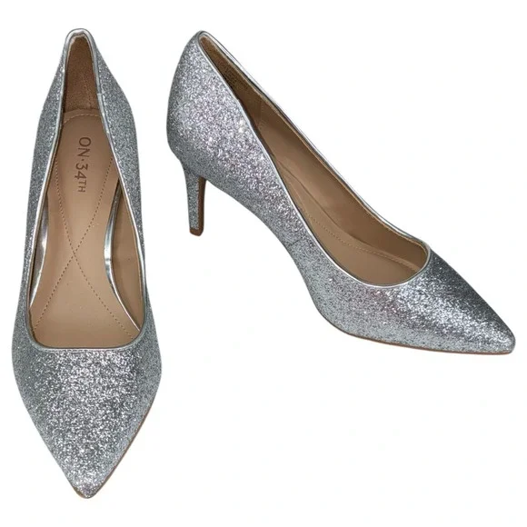 ON 34th Jeules Silver Glitter Pointed Toe Pumps‎ Kitten Heels Wedding Party 6M