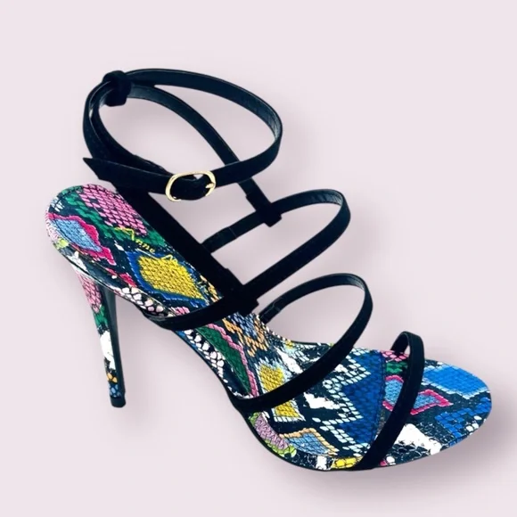 Anne Michelle Black Ankle Strap Snakeskin Heels