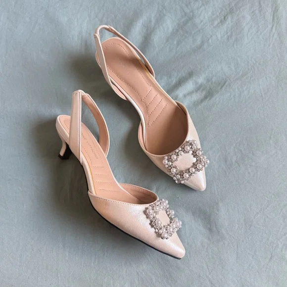 Adrienne Vittadini Pearl-Embellished Slingback Heels - Blush Pink