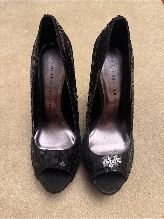 Chinese Laundry Black Sequin Peep-Toe Heels