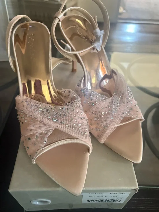 Embellished Blush Satin Ankle-Strap Heels