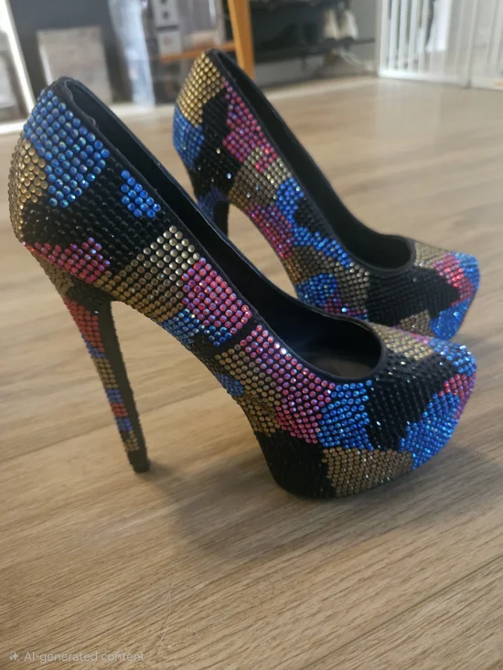 Steve Madden Rhinestone Black Heels with Blue, Pink & Gold Crystal Accents