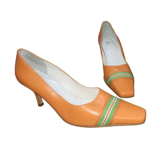 Werner Brazilian Orange Square Toe‎ High Stilleto Leather Heels Pumps Size 8.5 M