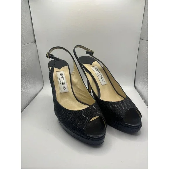 Jimmy Choo Glitter Peep Toe Slingback Heels Black Made‎ in Italy Size 38