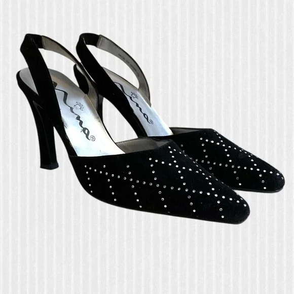 Touch Of Nina‎ Heels Women's Size 7M Black Suede Sparkle Rhinestones Slingback's