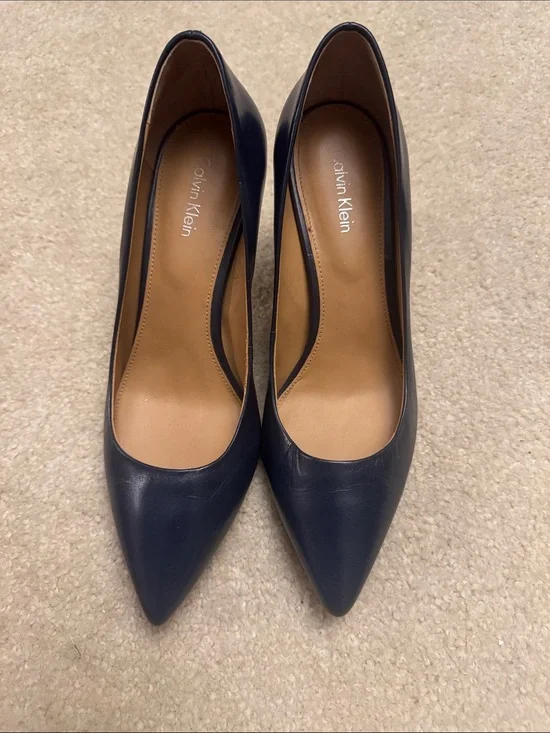 Calvin Klein Navy Leather Pointed-Toe Pumps