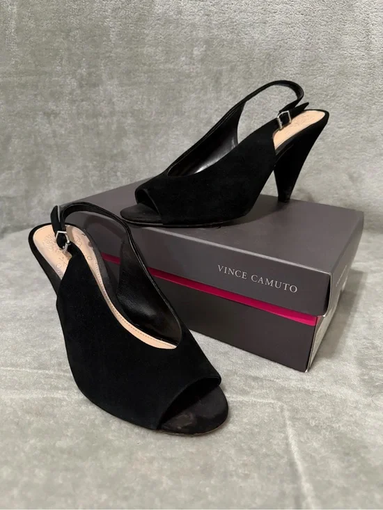Vince Camuto Black Suede Paelinna Slingback Peep Toe Cone Heels Size 9