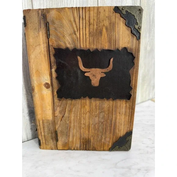 Rustic Wooden Cowboy Book Box Western Longhorn Bull Storage Stash Decor 12in