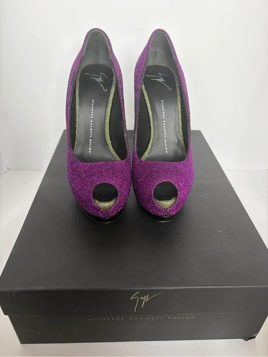Giuseppe Zanotti Purple Glitter Peep-Toe Pumps with Gold Accents