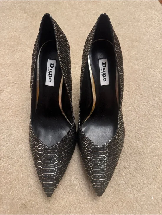 Dune London Black Textured Pointed Toe Pumps with Metallic Accents