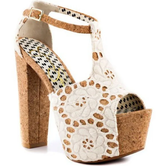 Jessica Simpson DANY White Lace Cork Platform Heels 6