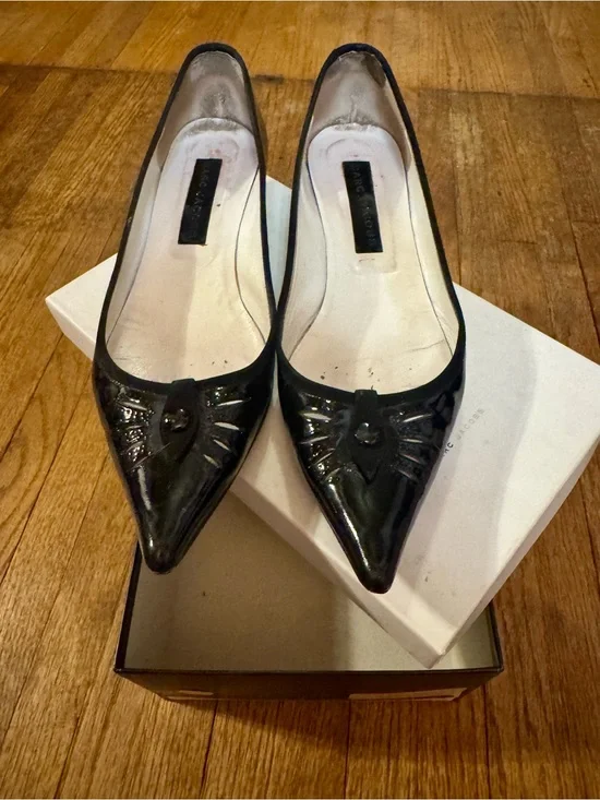 Marc Jacobs Black Patent Pointed-Toe Kitten Heels with Embellished Toe