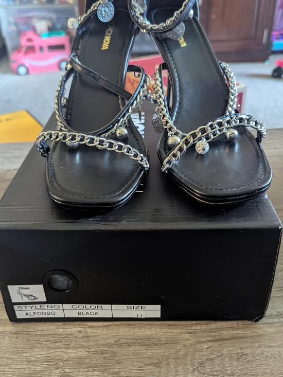 Fashion Nova Black Chain-Accent Heel Sandals