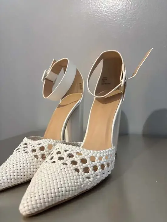 Charlotte Russe White Woven Pointed Toe Ankle Strap Block Heel Pumps 10
