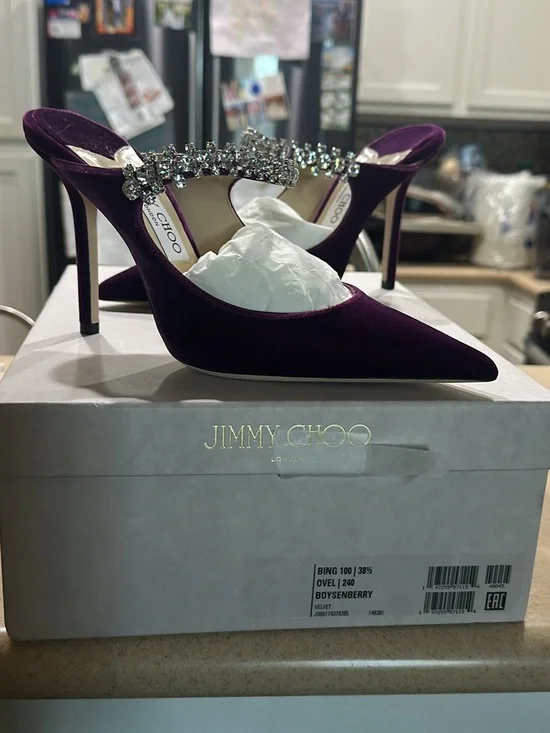 Jimmy Choo Purple Velvet Crystal-Strap Stiletto Mules