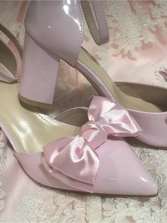 Women's Pink Bow Pointed Toe Block Heel Pumps