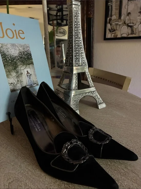 Donald J. Pliner Black Pointed Toe Pumps with Decorative Buckle