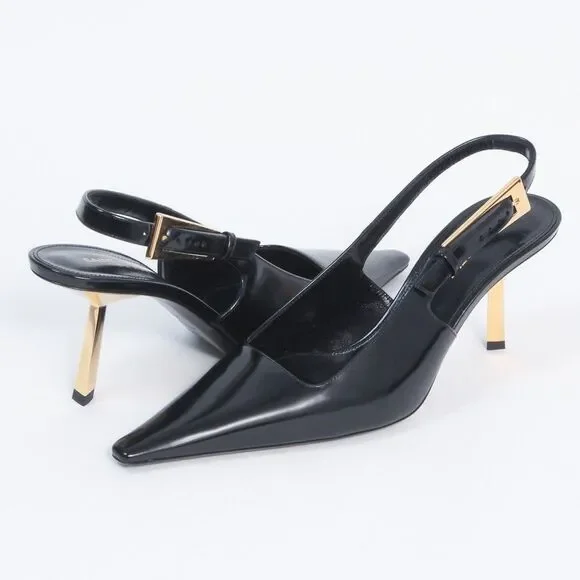 Saint Laurent YSL Lee Slingback Pumps Black Leather Gold Heel Shoes 39.5 NIB