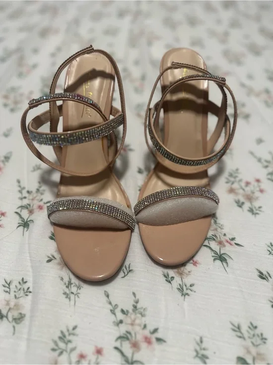 Anne Michelle Nude Rhinestone Ankle-Strap Heels
