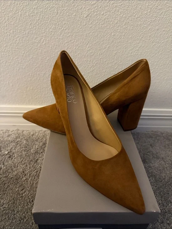 Franco Sarto Chestnut Suede Pointed Toe Block Heel Pumps
