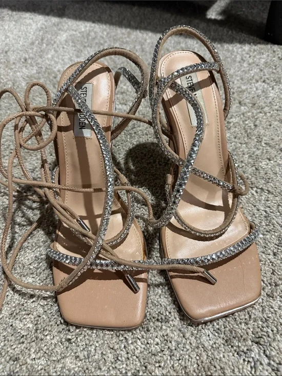 Steve Madden Beige Lace-Up Heels with Crystal Straps