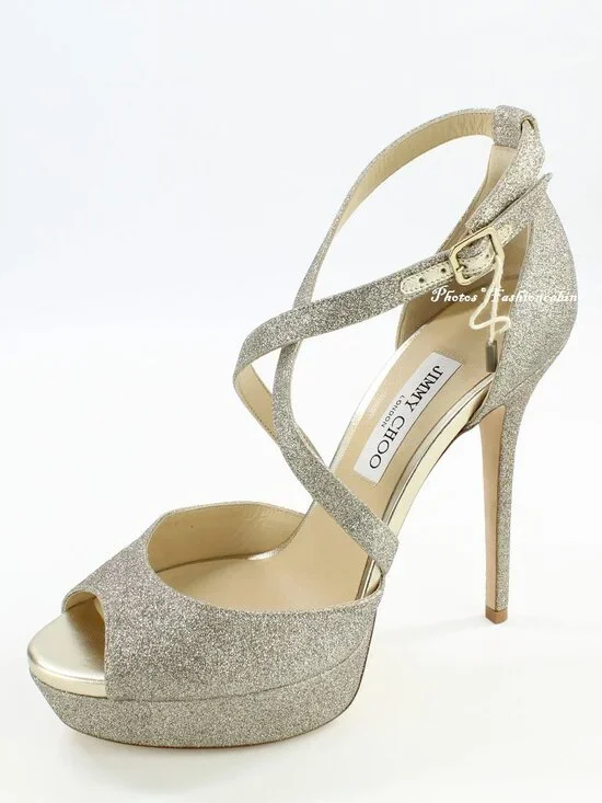 NEW JIMMY CHOO Jenique 125 Glittered Platform Sandals, EU 41, Platinum Ice
