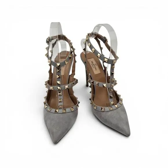Valentino Garavani Rockstud Cage Heel Pump T Strap Gray Suede Gold Size 38 US 8