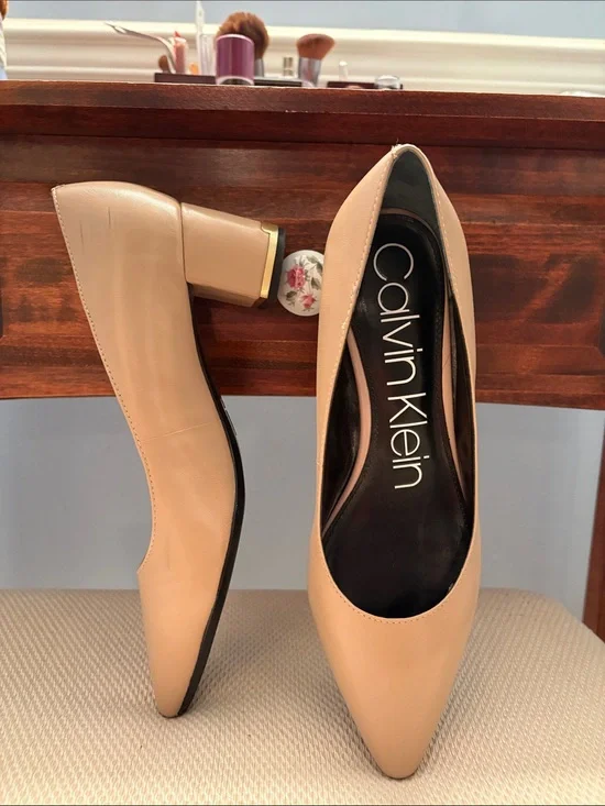 Calvin Klein Nude Pointed Toe Block Heel Pumps