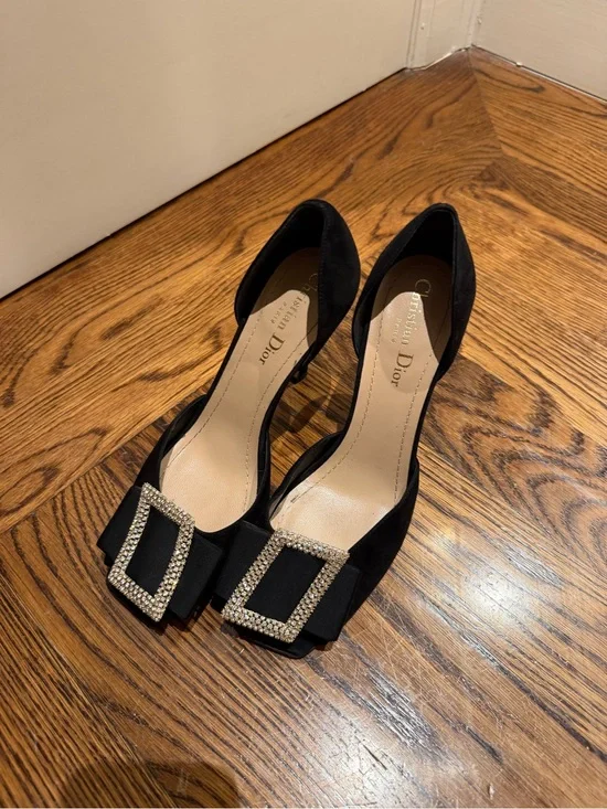 Dior Black Satin D’Orsay Pumps with Crystal Buckle
