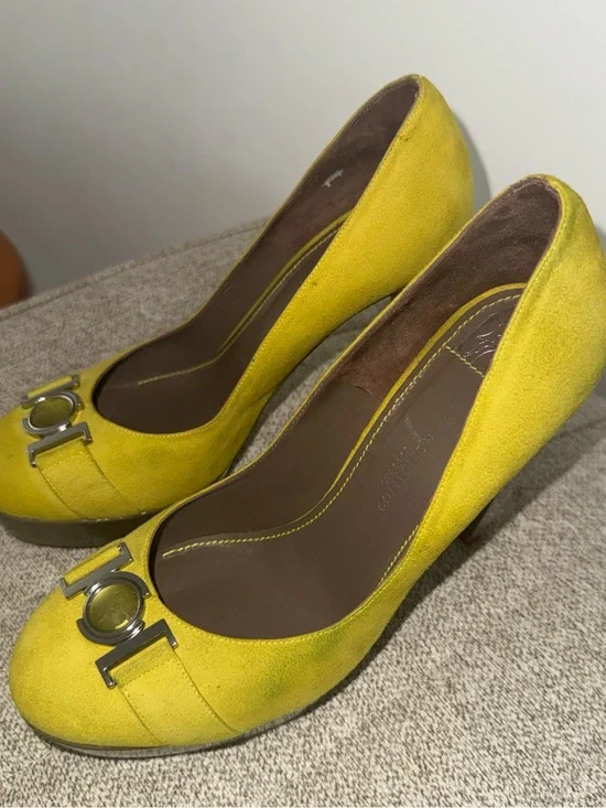 Versace Collection Yellow Suede Heels with Silver Medallion