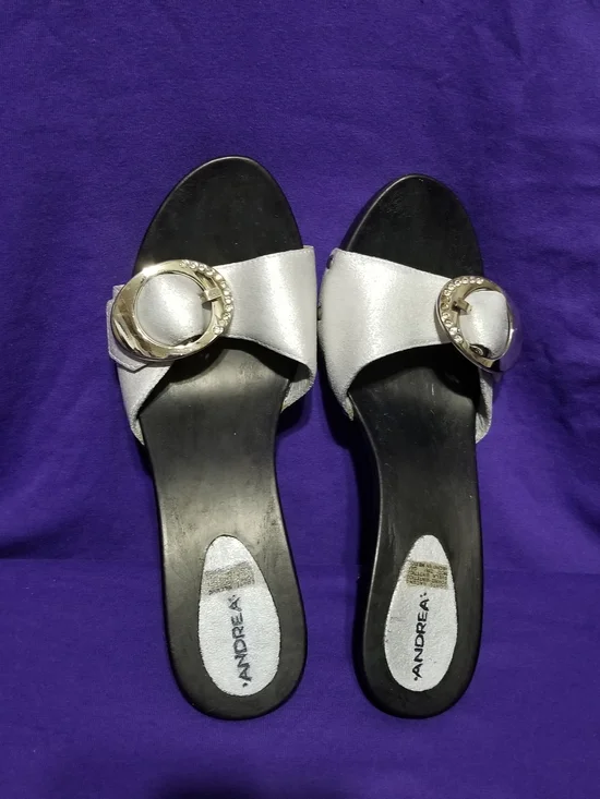 ANDREA Silver Slide Low-Heeled Sandals with Gold Rhinestone-Studded Buckles