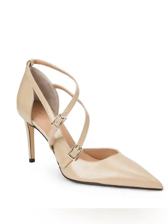 Bruno Magli Beige Patent Leather Strappy Pointed-Toe Heels