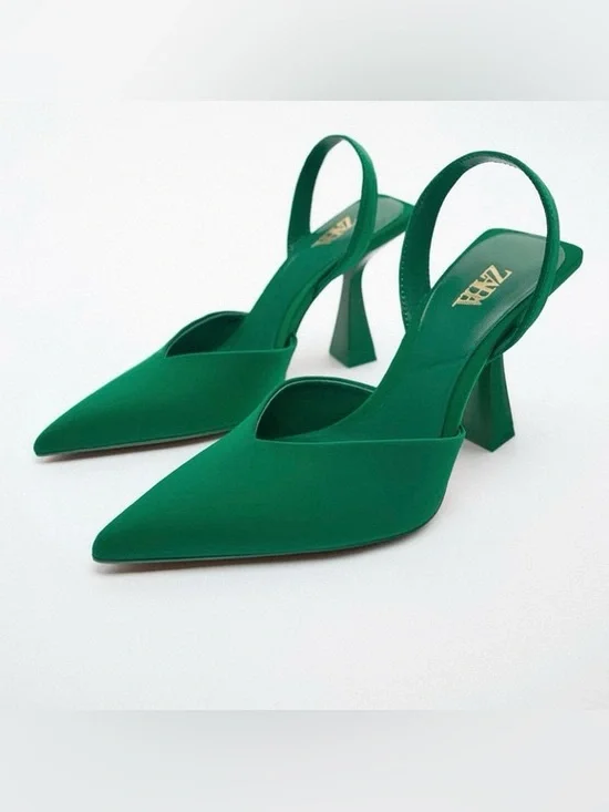 Zara Emerald Green Satin Slingback Pointed Toe Heels Size 38 EU / US 7.5