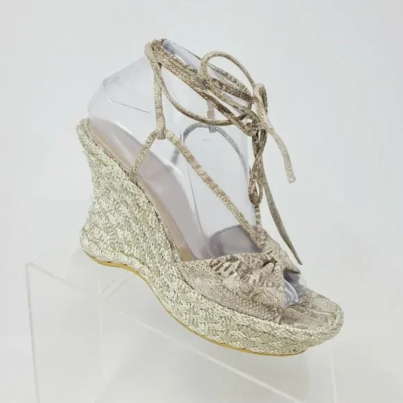 Stuart Weitzman Gold Snake Espadrille Wedge Heel Women's 8 Leg Tie Lace Up Shoes