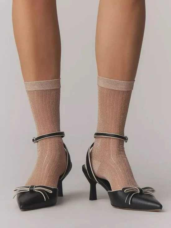 Anthropologie Maeve Pointed-Toe Ankle-Strap Bow Heels size 8 black color new