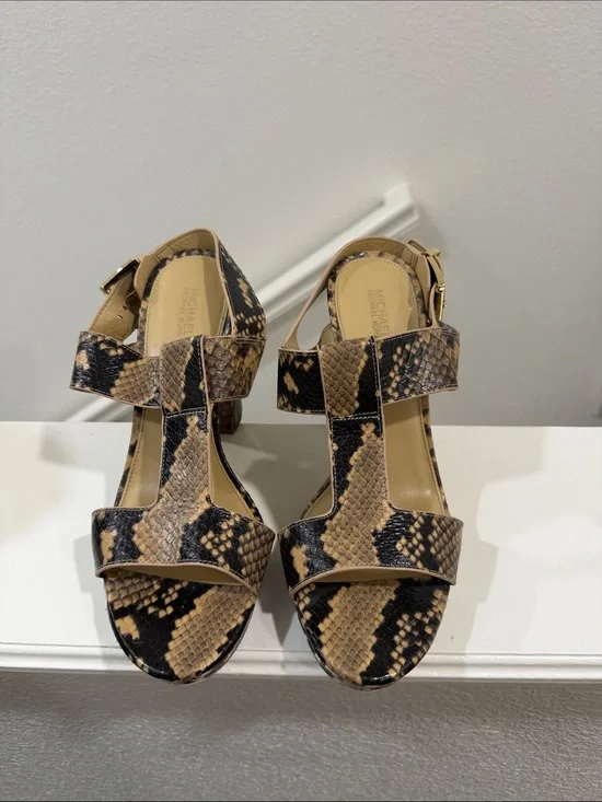 MICHAEL Michael Kors Tan and Black Snake-Print T-Strap Block Heel Sandals