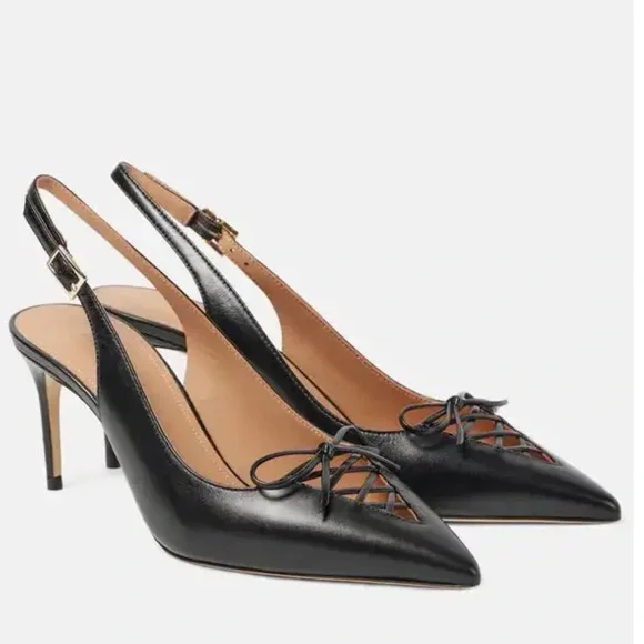 Malone Souliers Trudie Slingback Pumps Black Nappa Laced Pointed Toe EU 38 NWT