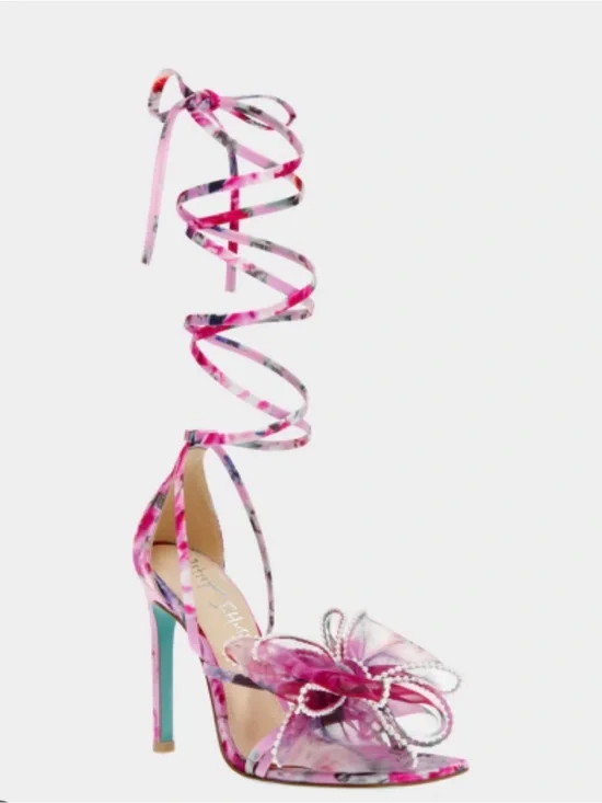 Betsey Johnson Pink Floral Lace-Up Stiletto Sandals