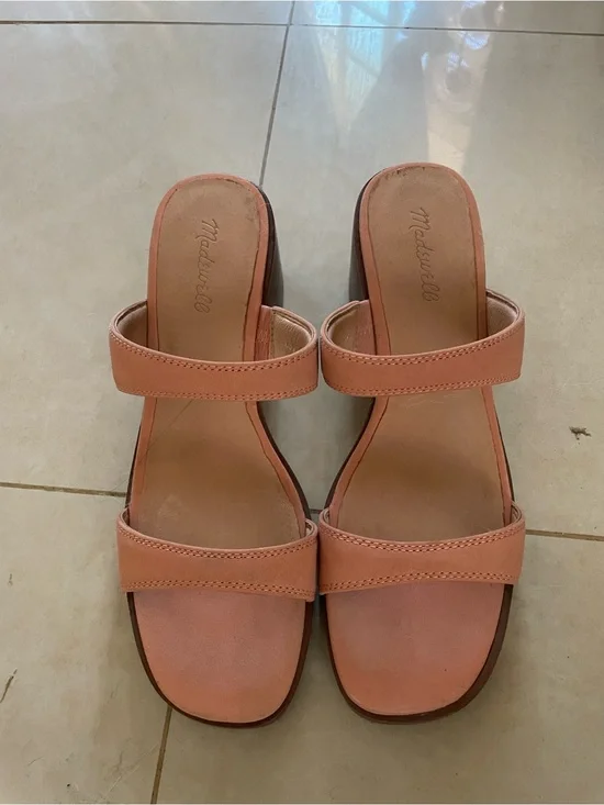Madewell Coral Pink Double-Strap Block Heel Slides - worn x1