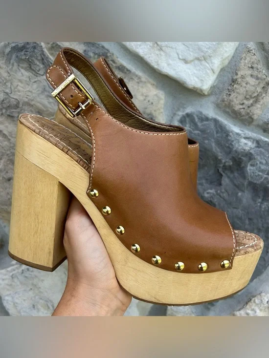 Sam Edelman Chunky Platform Clogs 8.5 Brown Leather Peep Toe Boho Beach Festival