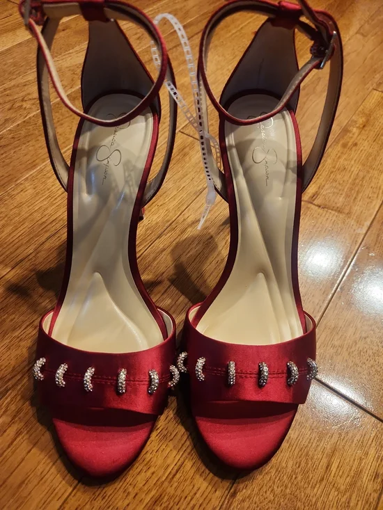 Jessica Simpson Red Satin Rhinestone Stiletto Sandals Size 9M