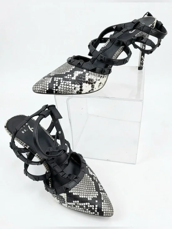 Mix No. 6 Black White Snakeskin Print Strappy Studded Pumps Heels - Size 8