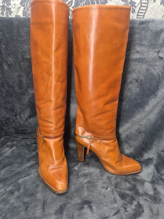 Vtg Cognac Brown Leather Classic Knee High Boots Ankle Strap Gold Tone 7.5