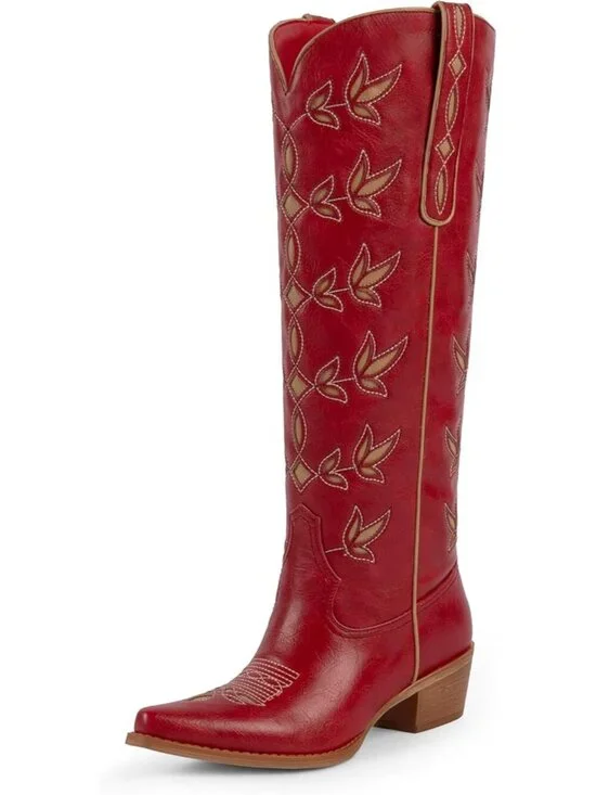 Women's Red 1 Knee High Cowgirl Boots Pointed Toe Slip On Chunky Heel