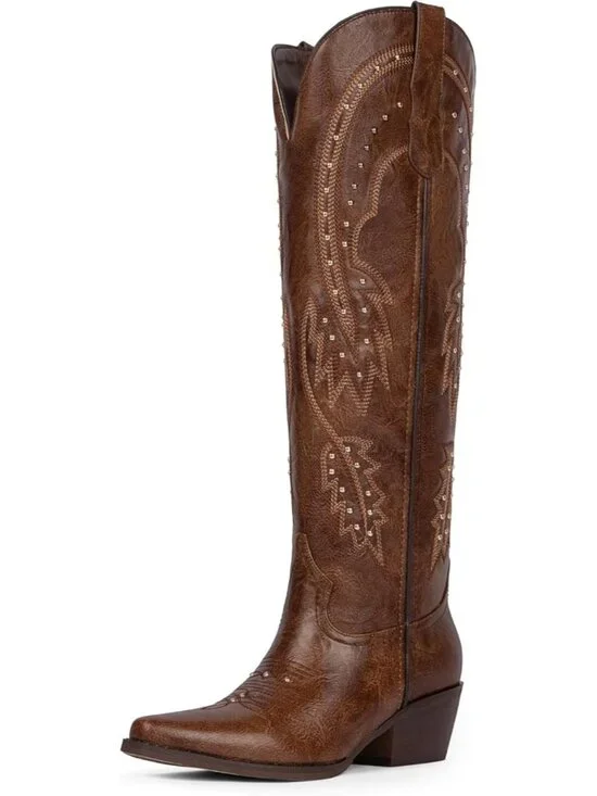Women's Brown Knee High Cowgirl Boots Pointed Toe Slip on Chunky Heel
