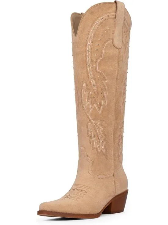 Women's Suede Tan Knee High Cowgirl Boots Pointed Toe Slip on Chunky Heel