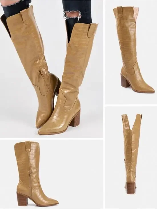 Journey TanTherese Knee-High Croc-Embossed Boots size 9.5 wide calf