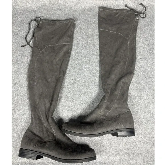 Unisa Tall Over The Knee Boots 10M Grey‎ Faux Suede Tie Back