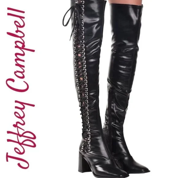 NWOB JEFFREY CAMPBELL Black Elektra Corset Faux Leather Over The Knee Boots,‎ 6