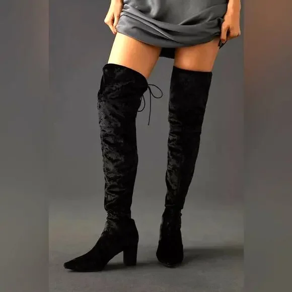 Anthro Silent D Over The Knee Boots Crushed Stretch Velvet Black EU38 US7 New
